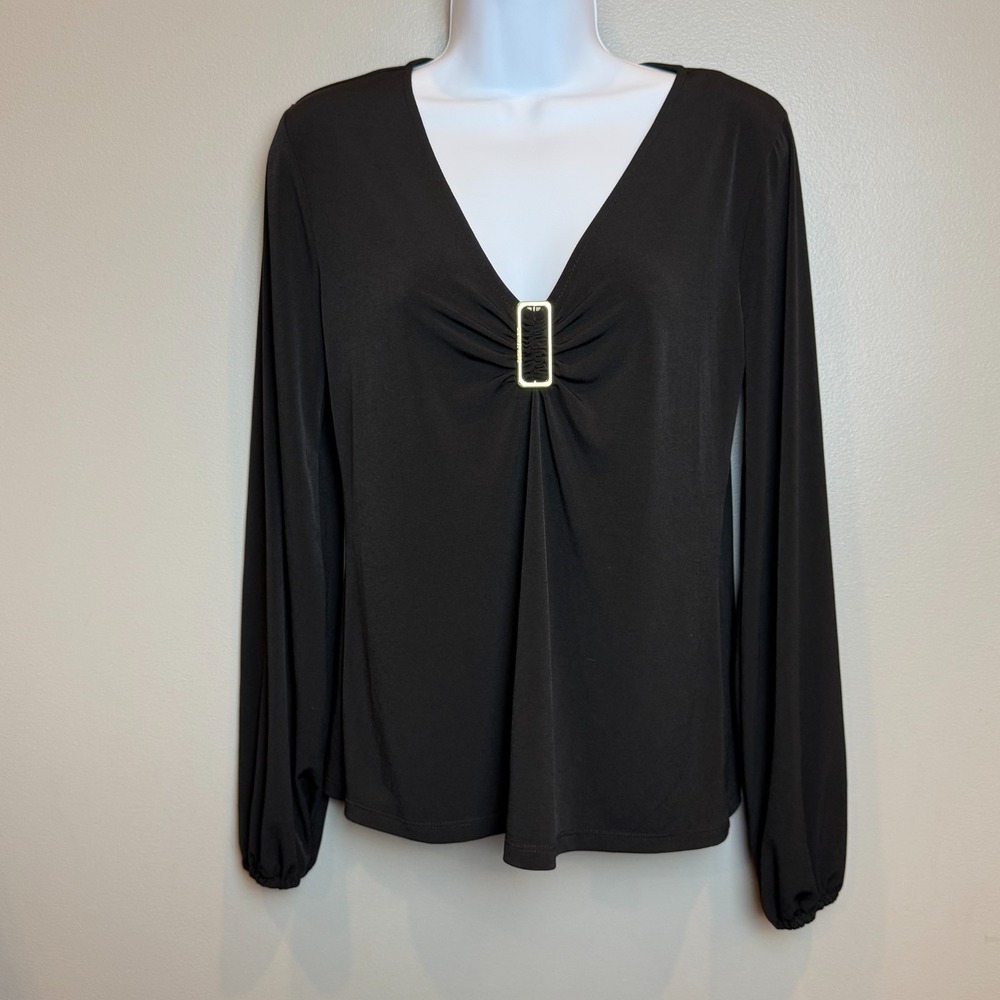 Michael Michael Kors Black V-Neck Long Sleeve Top Gold Logo Hardware Size S